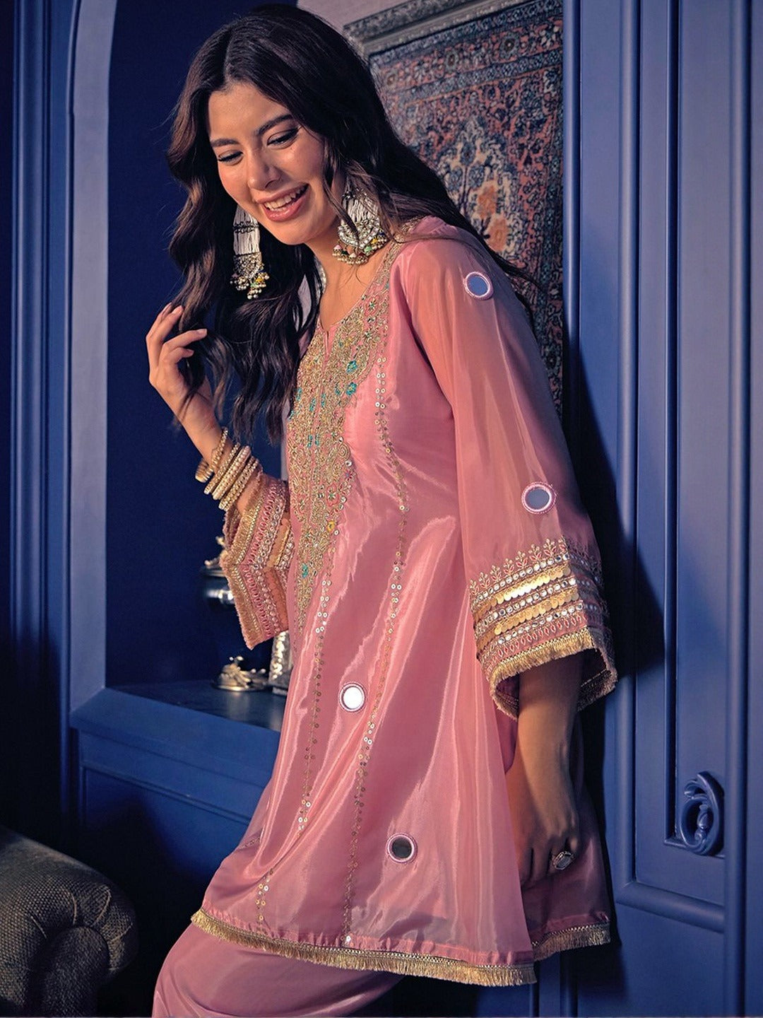 Silk Crepe Hand Mirror Work Suit Set