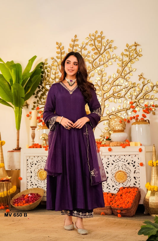 Viscose Chanderi Embroidered Suit Set with Organza Silk Dupatta
