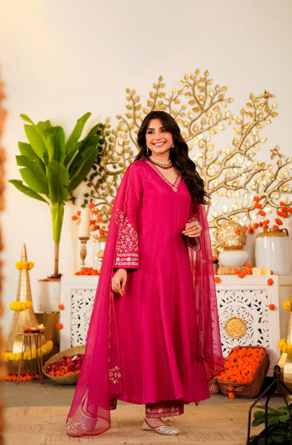 Viscose Chanderi Embroidered Suit Set with Organza Silk Dupatta