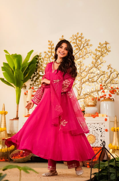 Viscose Chanderi Embroidered Suit Set with Organza Silk Dupatta