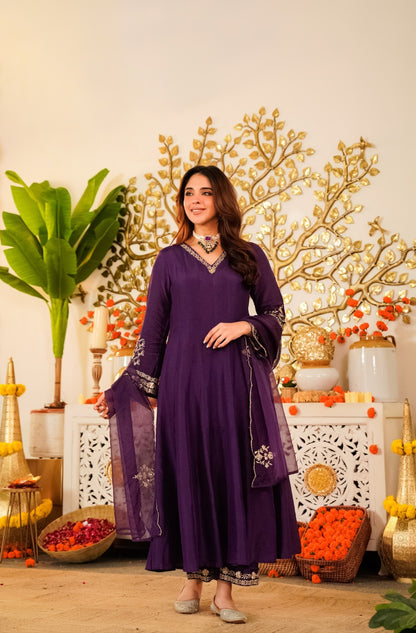 Viscose Chanderi Embroidered Suit Set with Organza Silk Dupatta