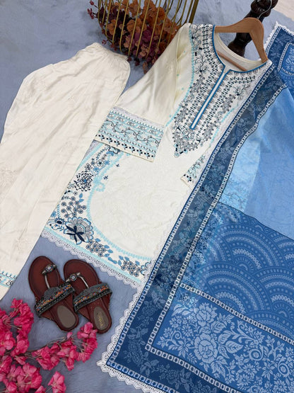 Pure Satin Rayon Embroidered Farshi Palazzo Suit Set