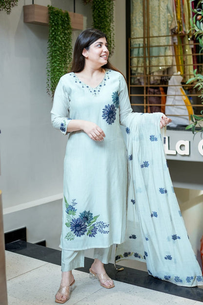 Pure Lilan Handwork Suit Set with Printed Dupatta & Bracelet