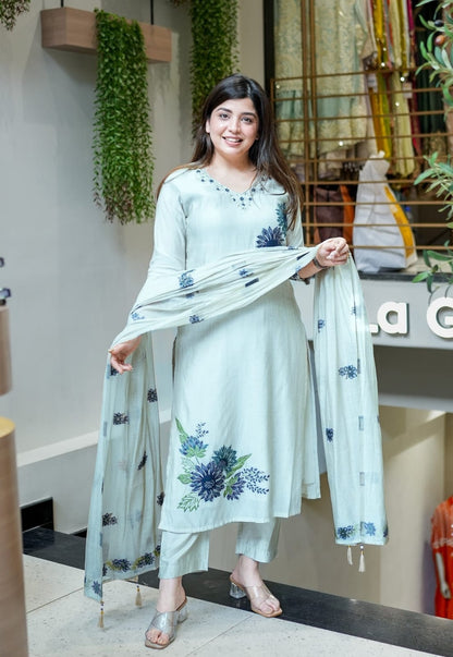 Pure Lilan Handwork Suit Set with Printed Dupatta & Bracelet