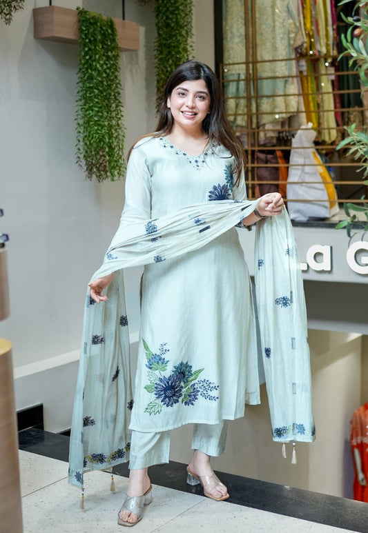 Pure Lilan Handwork Suit Set with Printed Dupatta & Bracelet