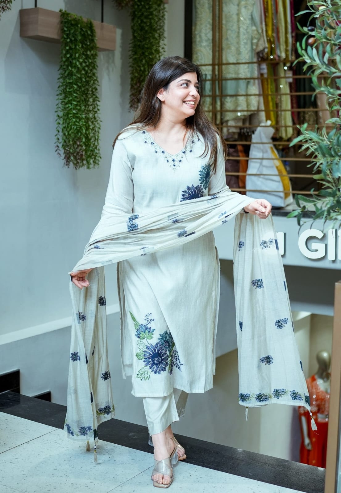 Pure Lilan Handwork Suit Set with Printed Dupatta & Bracelet