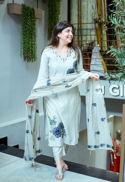 Pure Lilan Handwork Suit Set with Printed Dupatta & Bracelet