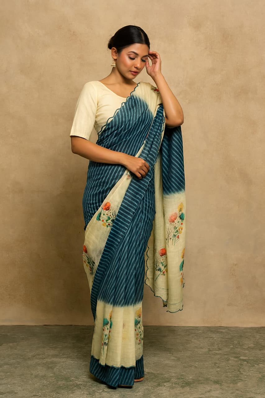 Heavy Linen Bandhani & Leheriya Digital Print Saree