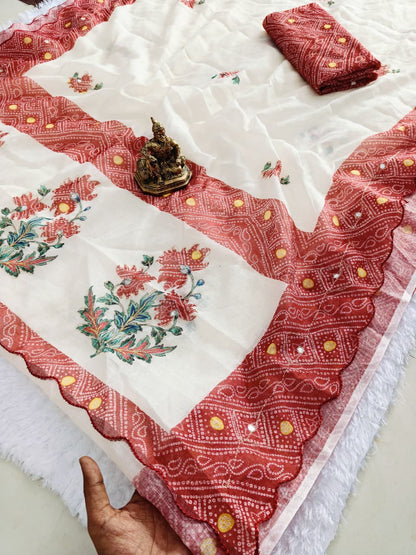 Heavy Linen Bandhani & Leheriya Digital Print Saree