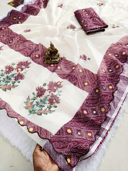 Heavy Linen Bandhani & Leheriya Digital Print Saree