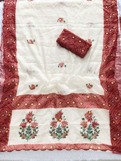 Heavy Linen Bandhani & Leheriya Digital Print Saree