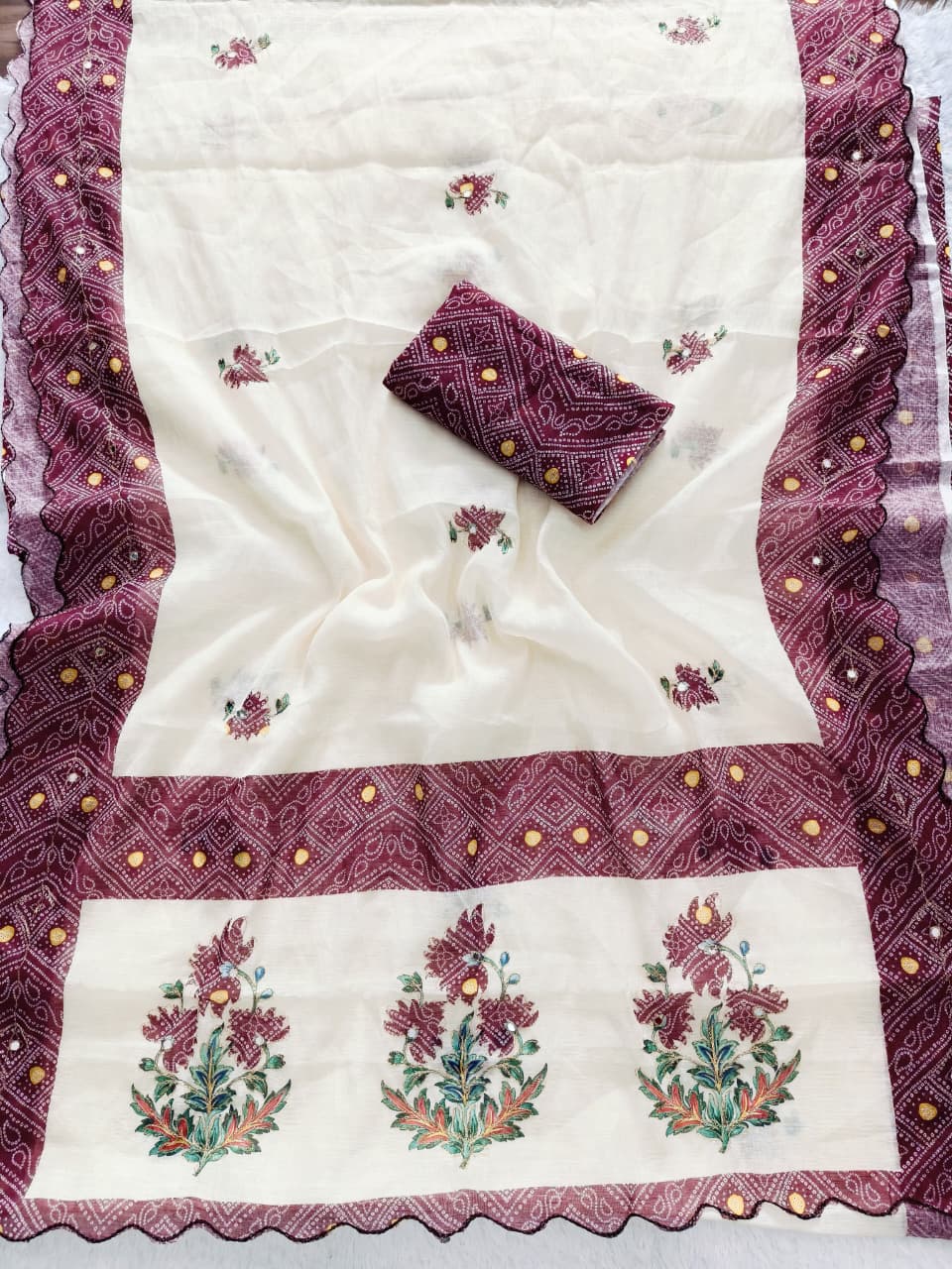 Heavy Linen Bandhani & Leheriya Digital Print Saree