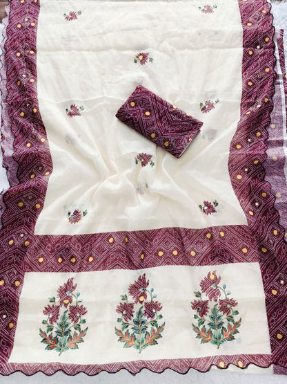 Heavy Linen Bandhani & Leheriya Digital Print Saree