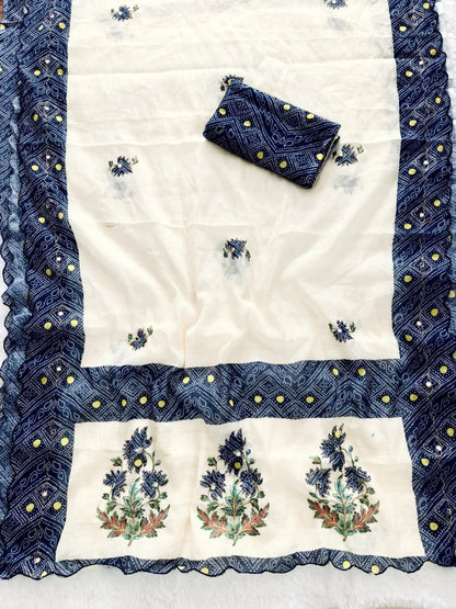 Heavy Linen Bandhani & Leheriya Digital Print Saree