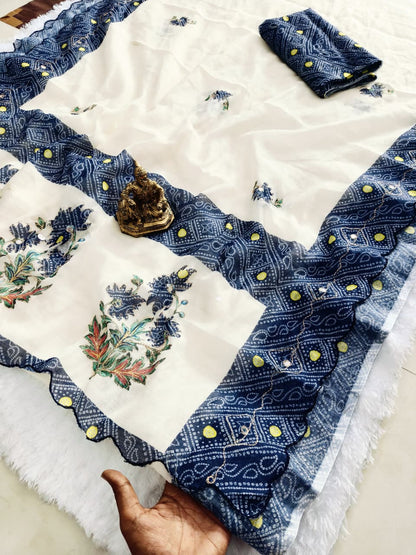 Heavy Linen Bandhani & Leheriya Digital Print Saree