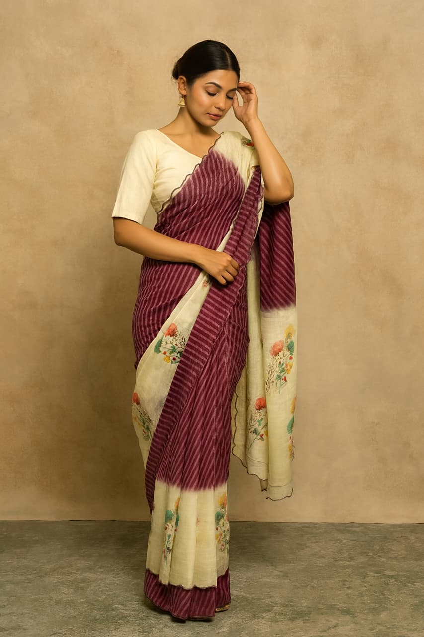 Heavy Linen Bandhani & Leheriya Digital Print Saree