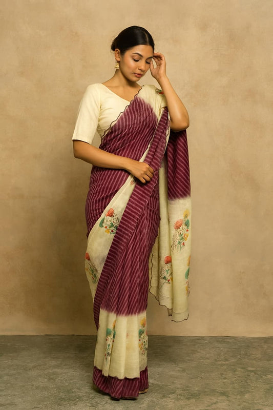 Heavy Linen Bandhani & Leheriya Digital Print Saree
