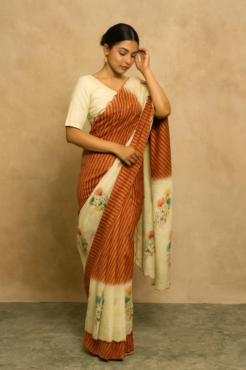 Heavy Linen Bandhani & Leheriya Digital Print Saree