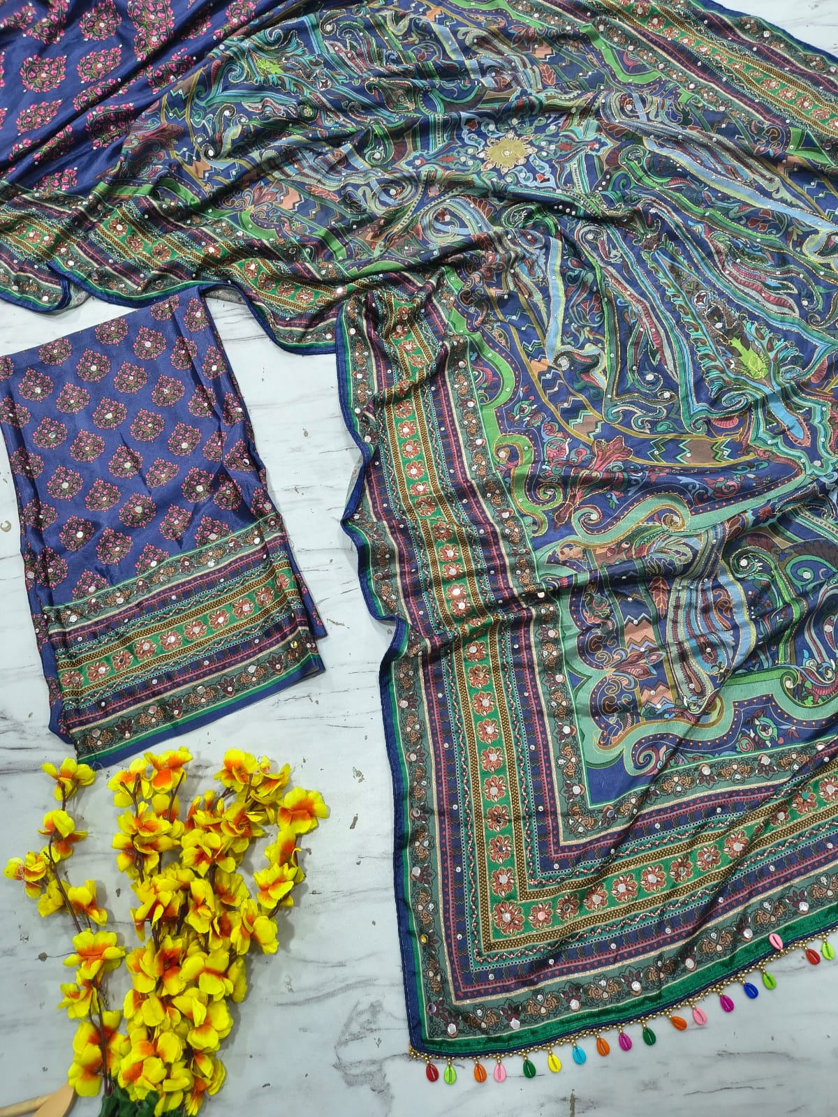 Premium Chinon Silk Mirror Work Saree