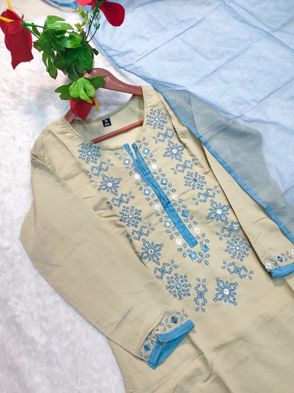 Heavy Chanderi Cotton Embroidered Suit Set with Tebbay Silk Dupatta