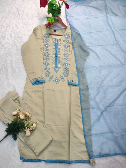 Heavy Chanderi Cotton Embroidered Suit Set with Tebbay Silk Dupatta