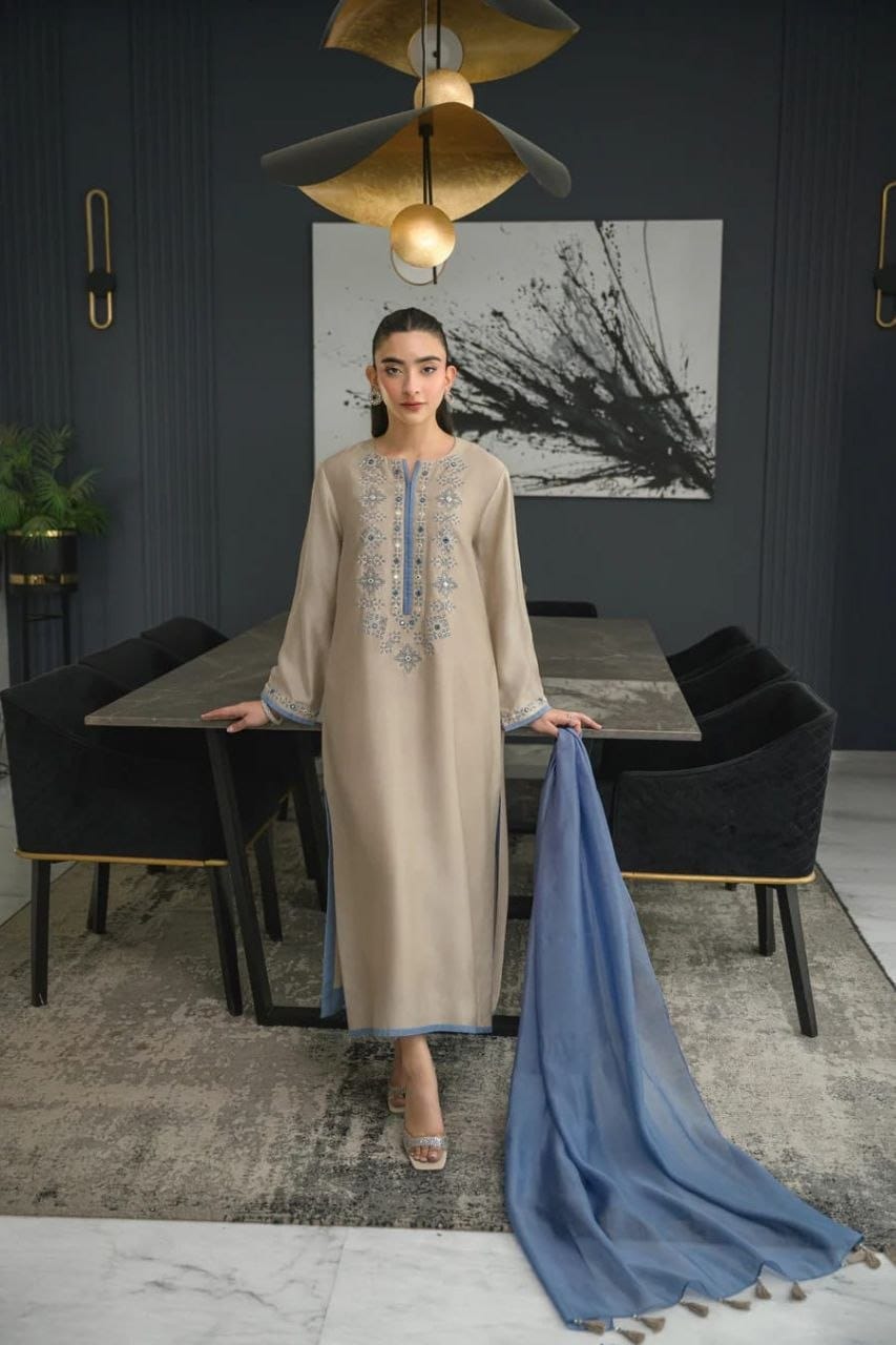 Heavy Chanderi Cotton Embroidered Suit Set with Tebbay Silk Dupatta