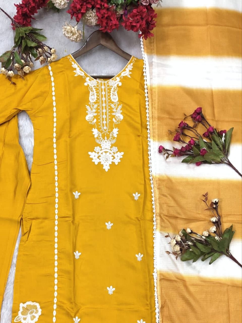 Roman Silk Embroidered Suit Set with Cota Checks Dupatta