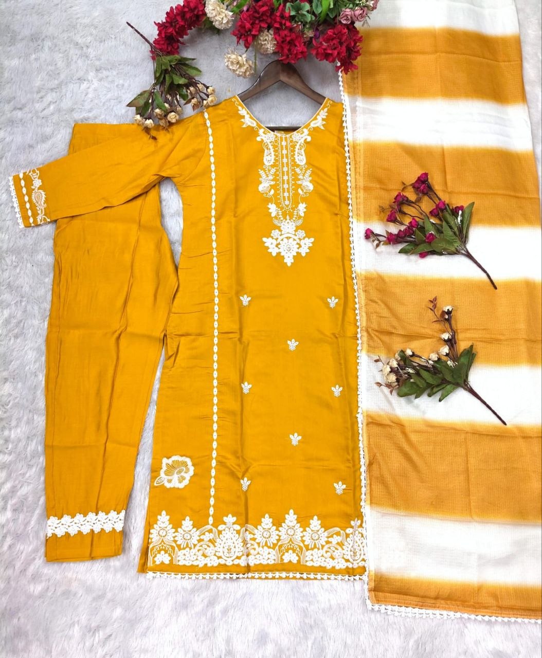 Roman Silk Embroidered Suit Set with Cota Checks Dupatta