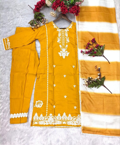 Roman Silk Embroidered Suit Set with Cota Checks Dupatta