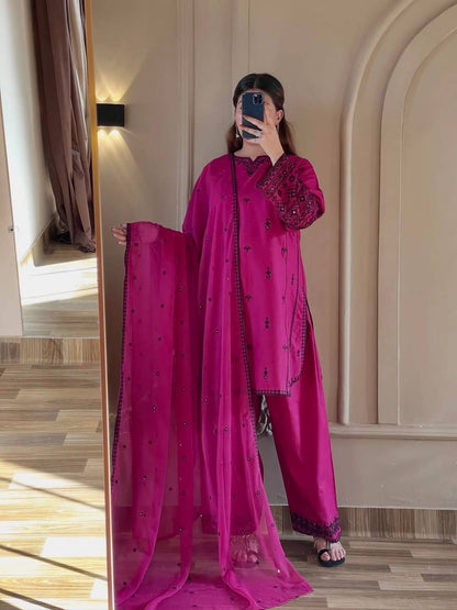 Rayon Cotton Embroidered Farshi Pant Suit Set