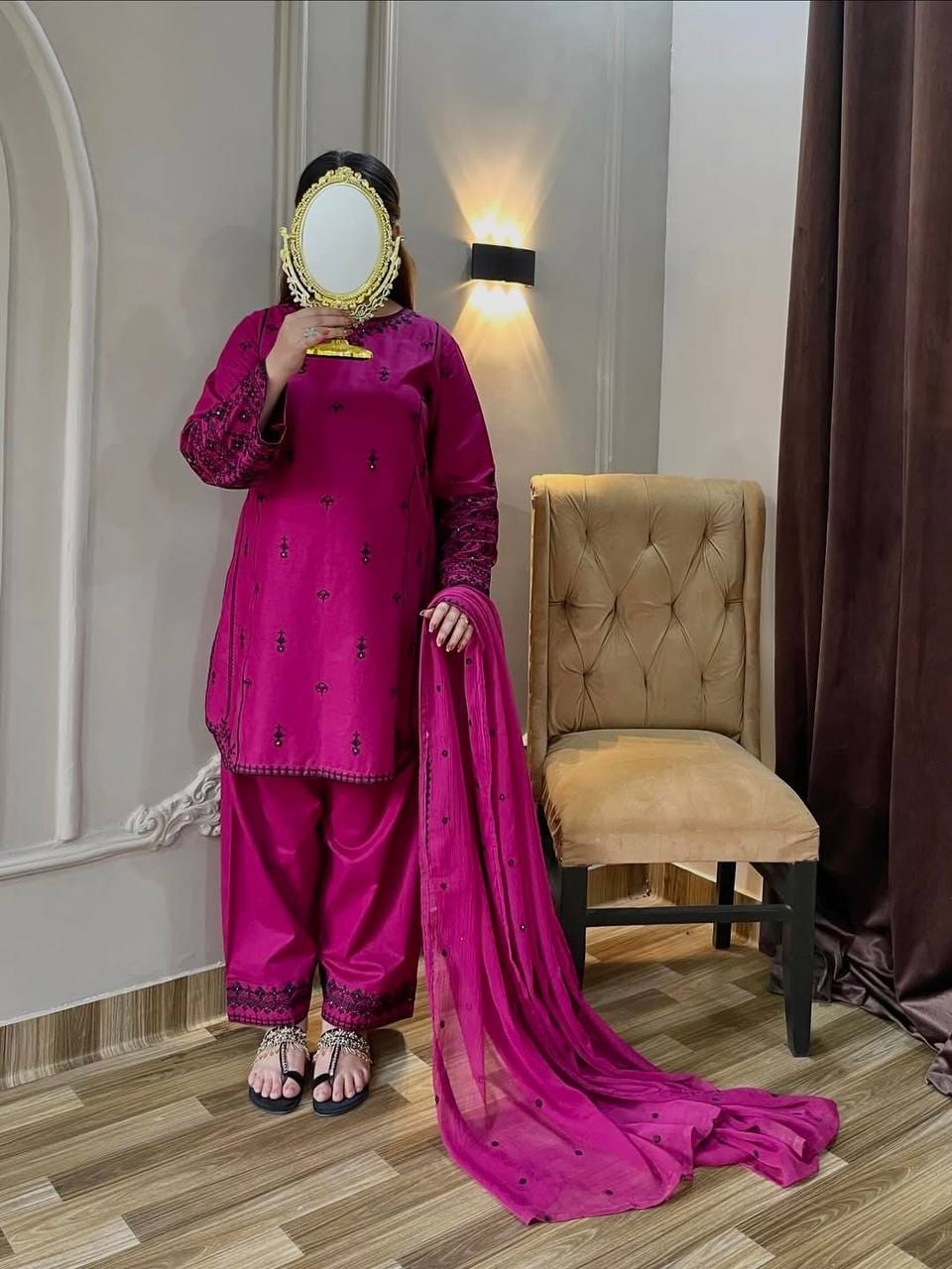 Rayon Cotton Embroidered Farshi Pant Suit Set
