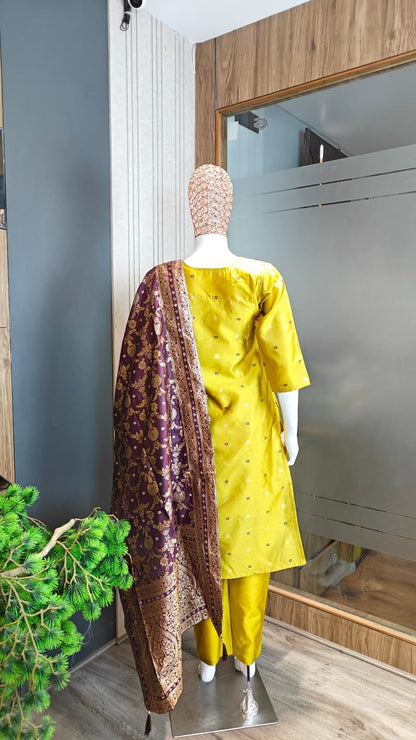 Art Silk Woven Kurta Set with Lace Border Dupatta