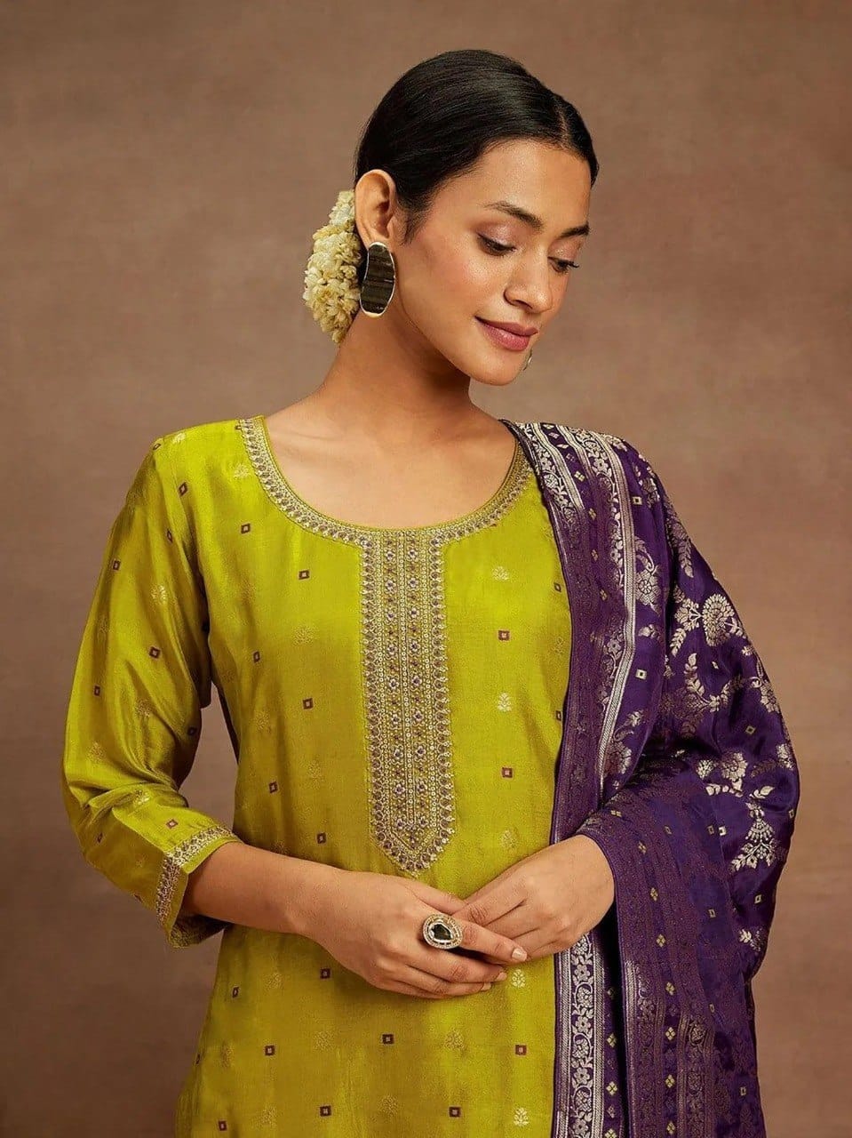 Art Silk Woven Kurta Set with Lace Border Dupatta