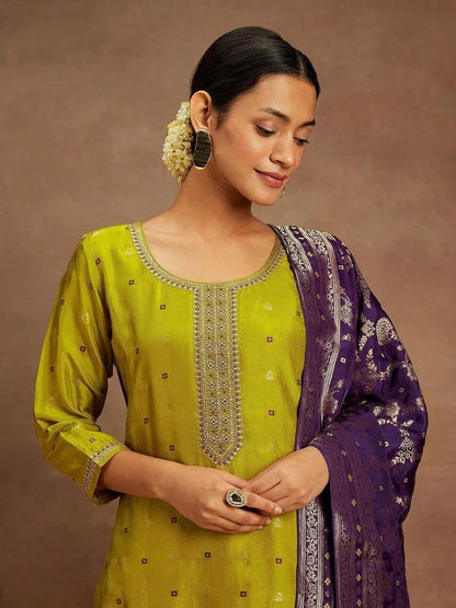 Art Silk Woven Kurta Set with Lace Border Dupatta