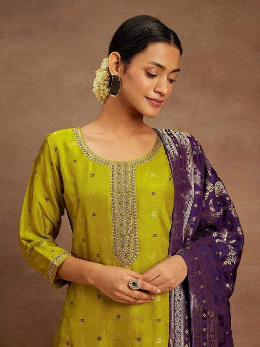 Art Silk Woven Kurta Set with Lace Border Dupatta