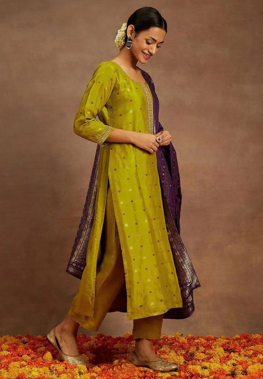 Art Silk Woven Kurta Set with Lace Border Dupatta