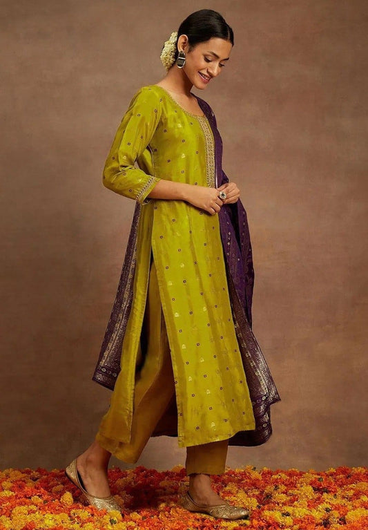 Art Silk Woven Kurta Set with Lace Border Dupatta