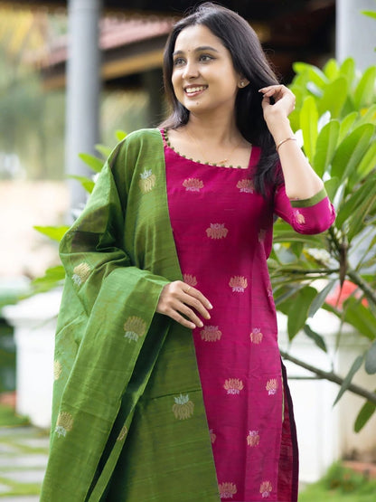 Art Silk Woven Kurta Set with Matching Dupatta