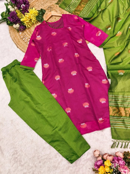 Art Silk Woven Kurta Set with Matching Dupatta