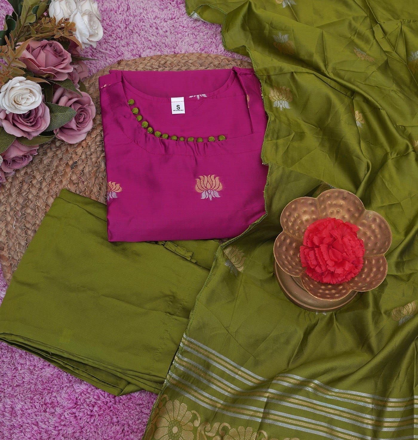 Art Silk Woven Kurta Set with Matching Dupatta