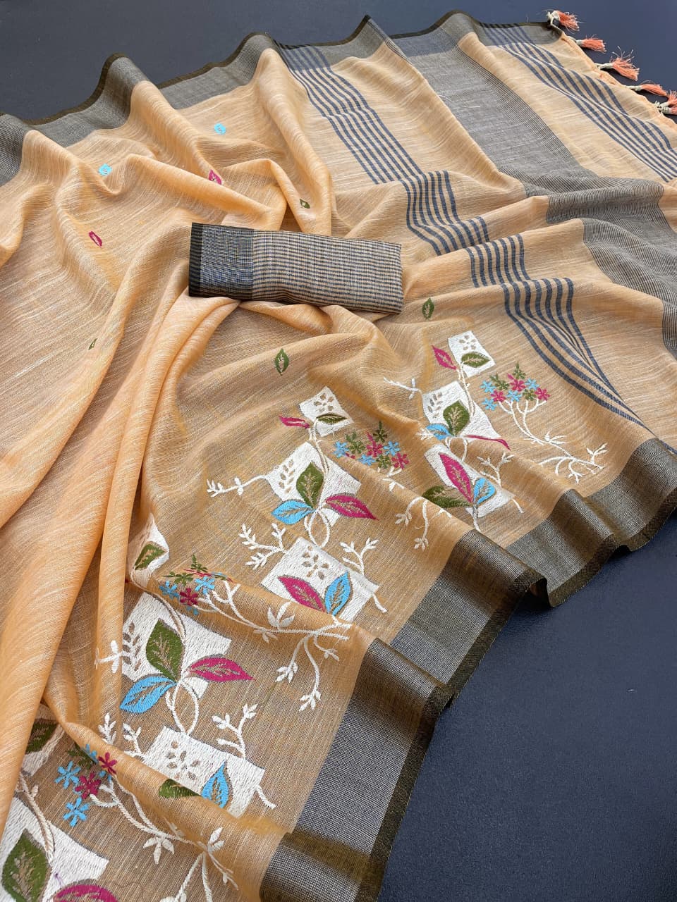 Premium Khadi Linen Embroidered Saree with Silver Zari Border