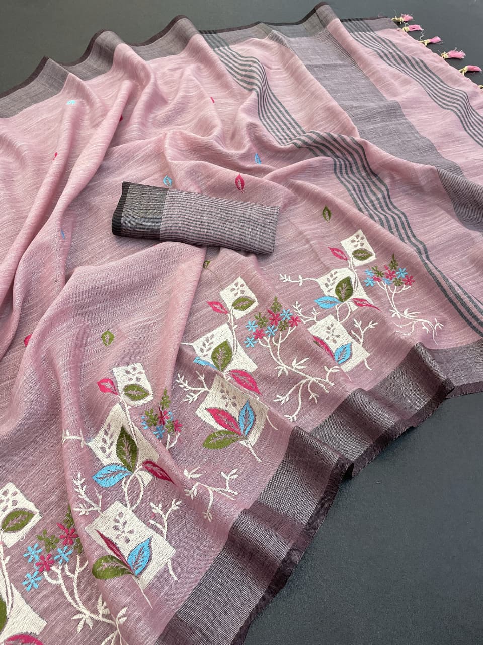 Premium Khadi Linen Embroidered Saree with Silver Zari Border