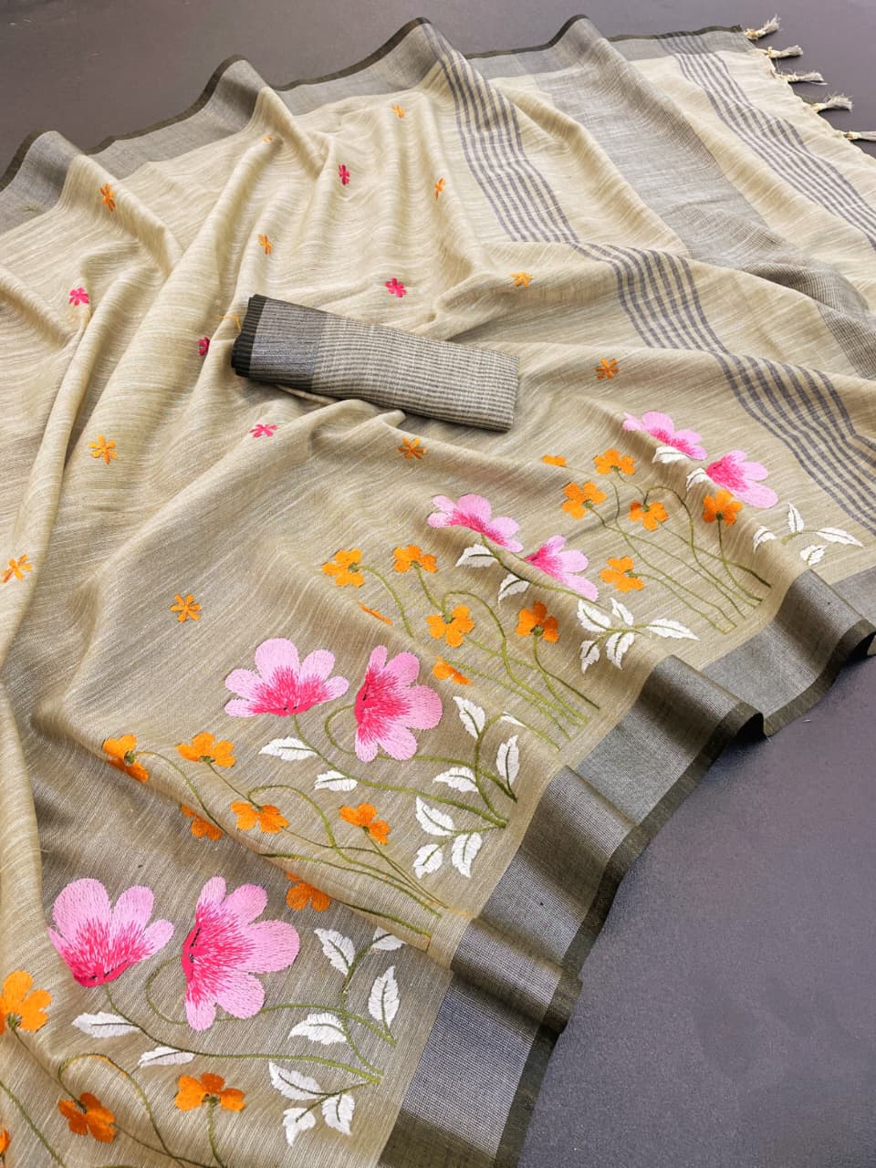 Premium Khadi Linen Embroidered Saree with Silver Zari Border