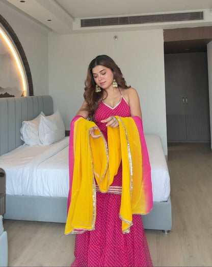 Heavy Faux Georgette Digital Print Mirror Work Sharara Set