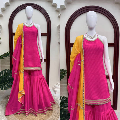 Heavy Faux Georgette Digital Print Mirror Work Sharara Set