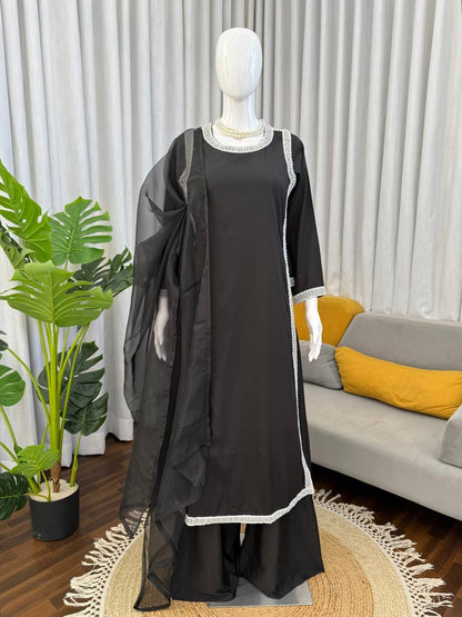 Natural Crepe Beads Work Palazzo Suit Set with Organza Dupatta