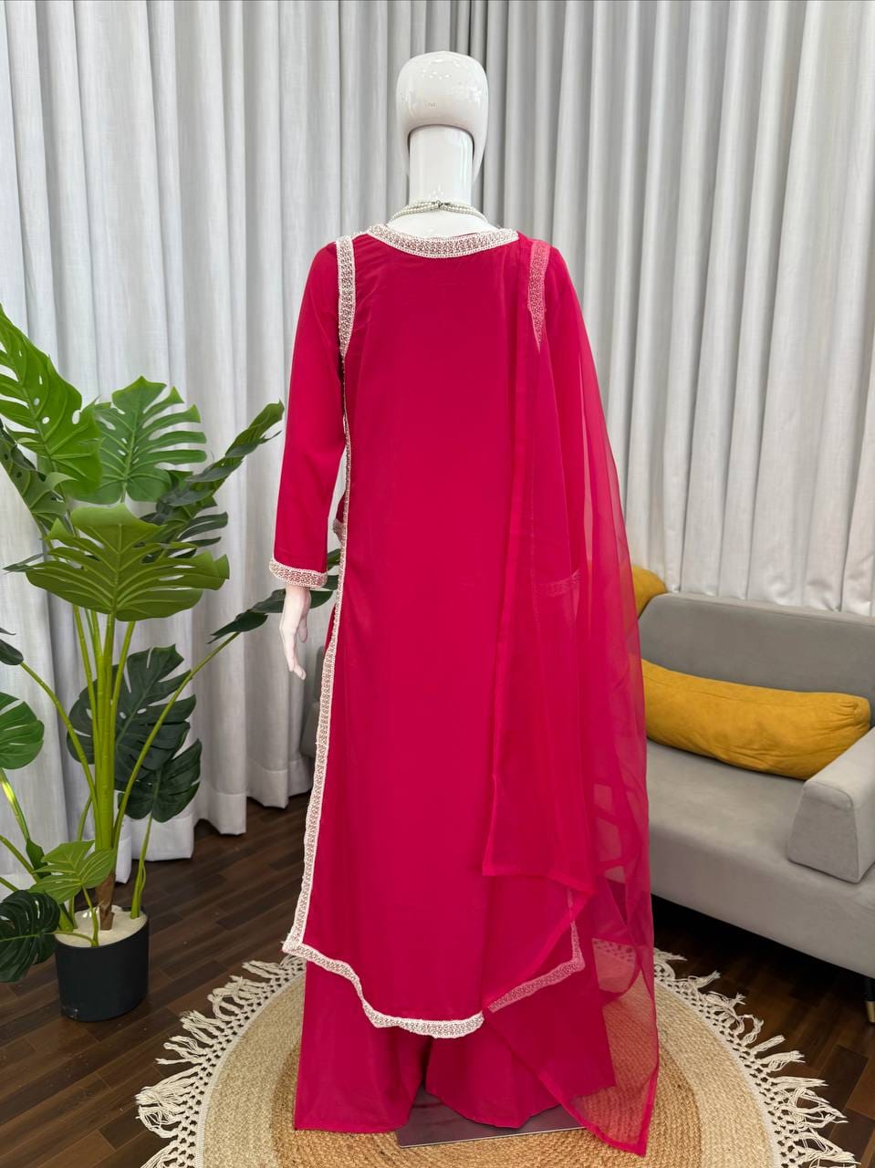 Natural Crepe Beads Work Palazzo Suit Set with Organza Dupatta