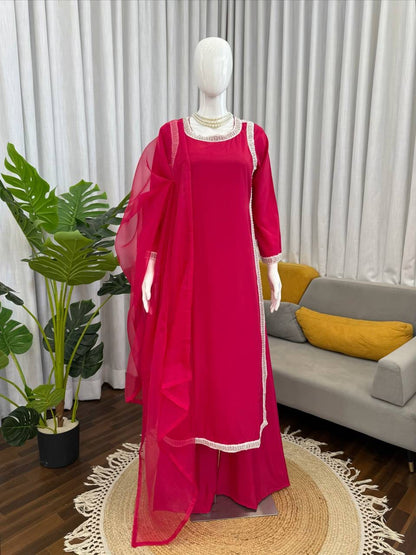 Natural Crepe Beads Work Palazzo Suit Set with Organza Dupatta
