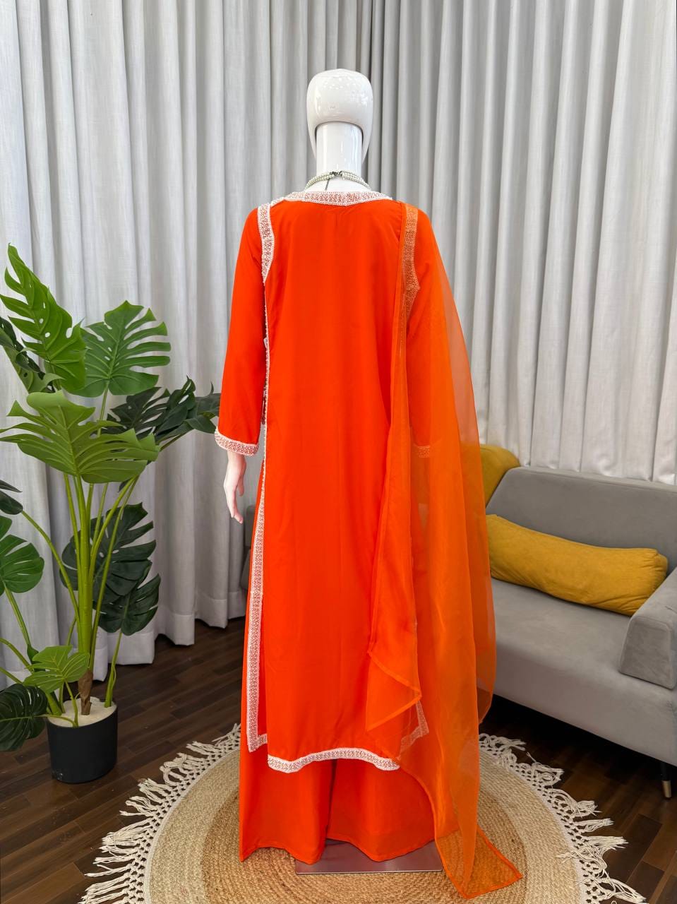Natural Crepe Beads Work Palazzo Suit Set with Organza Dupatta