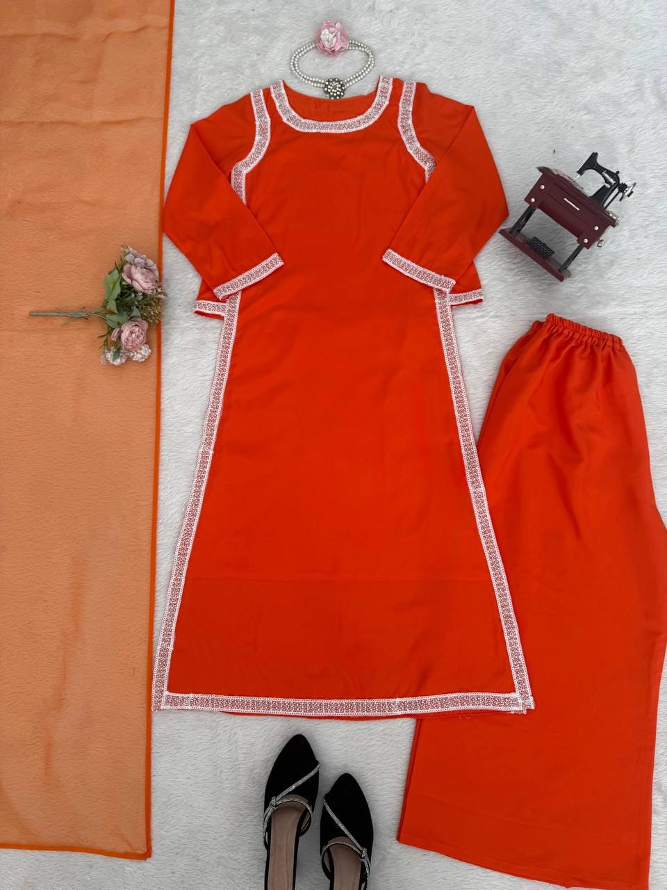 Natural Crepe Beads Work Palazzo Suit Set with Organza Dupatta